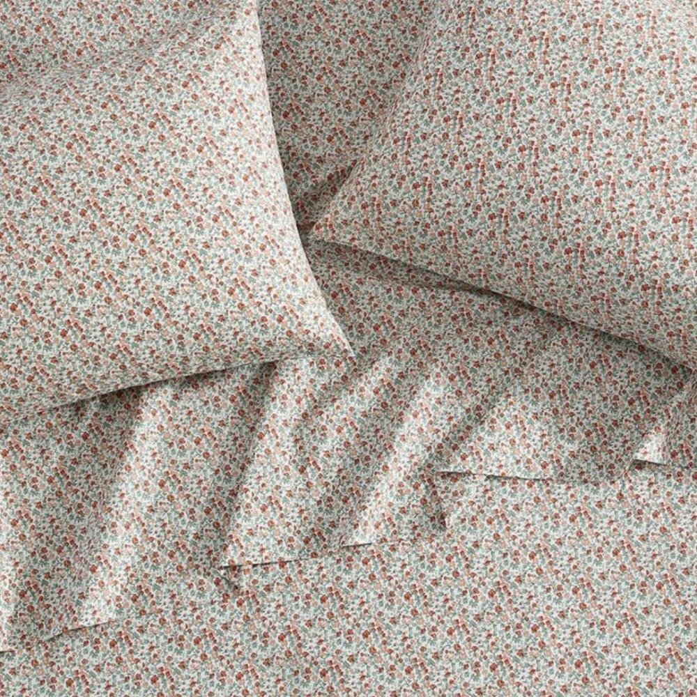Laura Ashley EMOGENE Red Green White Floral Cotton Percale TWIN Sheet Set 3 pc - Picture 4 of 9